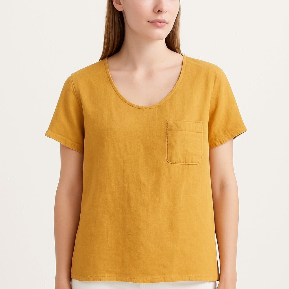 Golden Yellow Sunshine Dopamine 100% Linen Tee Cropped Shirt Vacation Natural